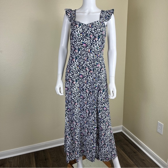 Loft Women’s Size 4 Blue Floral Bird Ruffle Strap Midi Dress Sleeveless Slit - Picture 15 of 15
